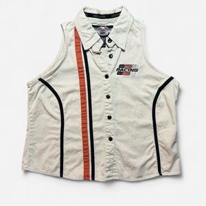 Racing Stripe Harley Sleeveless Button-Front Top - Cream with Orange & Black